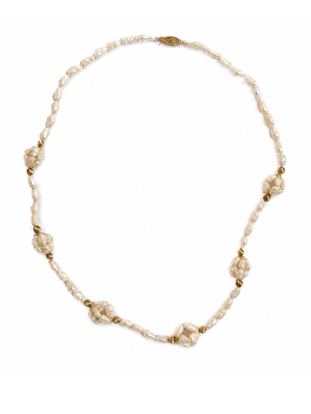 24" Baroque Pearl Necklace White Freshwater Pearls Gold Tone Accents